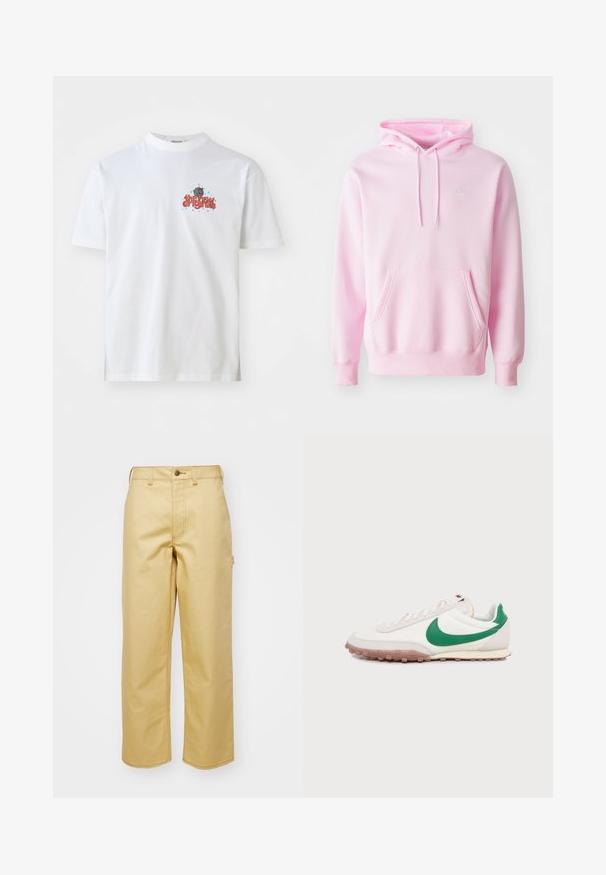 Pink hoodie lavet af en bomuldsblanding, med en kængurulomme, snoretræk og et lille hvidt Nike-logo på brystet.; Hvid bomulds t-shirt med teksten "the new originals" i rødt og blå stjerner, rund hals og korte ærmer.; Beige, vidde bukser lavet af bomuld med frontknaplukning, bæltestropper og sidelommer. Glat tekstur med synlige syninger.; Hvid lavtop sneaker med grøn Nike-swoosh, beige snørebånd og gummisål set fra siden på en ensartet lys baggrund.