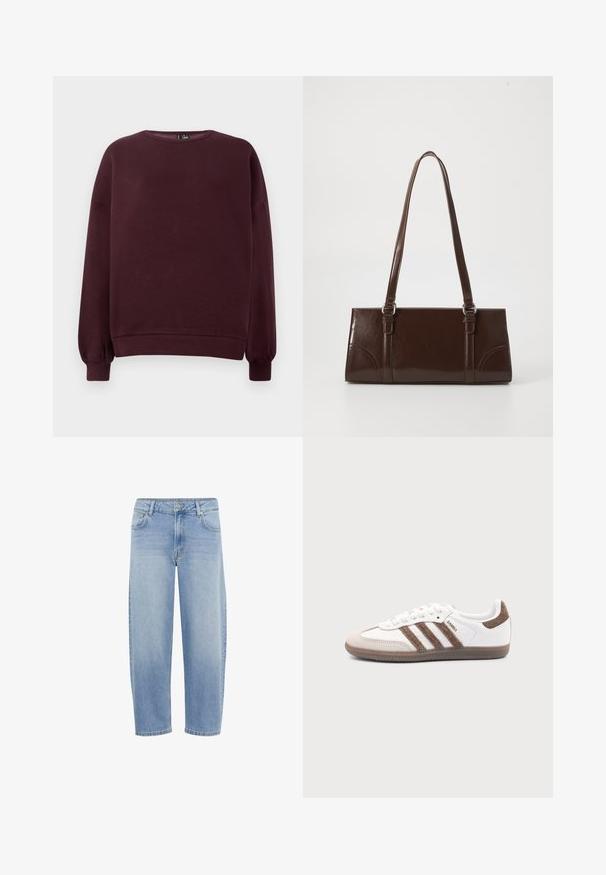 Bordeaux sweatshirt lavet af blødt stof, med rund hals, lange ærmer og ribbede manchetter. Ensartet design uden mønstre eller accenter.; Lyseblå denimbukser med løst, lige ben-design, fem lommer og lynlås. Har kontrastsyning og en let vask.; Hvid Adidas Samba sneaker med brune ruskindstriber, brun gummisål og beige ruskindståhætte, vist fra ydersiden på en ensfarvet baggrund.; Brun lakeret håndtaske med rektangulær form, to lange håndtag og subtile buede detaljer på fronten.