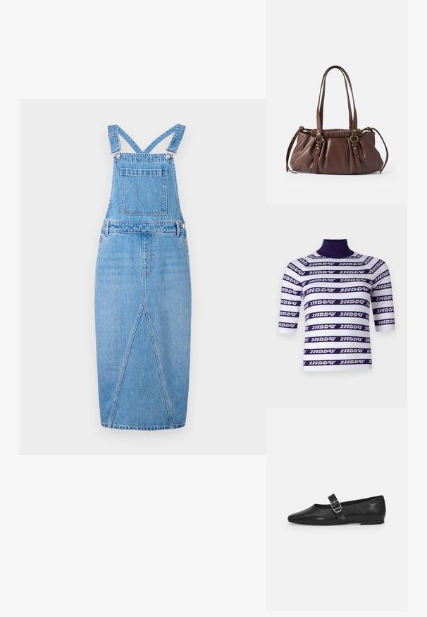 Gebreide top met korte mouwen en hoge hals, voorzien van horizontale witte en paarse strepen versierd met de tekst "2ND DAY."; Lichtblauwe denim tuinbroekjurk met verstelbare schouderbanden, een voorzak, een rechte rok met een subtiele split en een gladde textuur.; Zwarte leren platte schoen met een ronde neus, een enkele verstelbare gespsluiting en een gladde, glanzende textuur. Minimalistisch ontwerp met een lage hak.; Bruine leren handtas met twee lange handvatten,Gathered ontwerp, gouden hardware accenten en een gestructureerde afwerking.