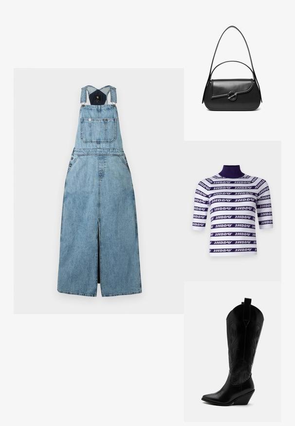 Strikket kortærmet top med høj hals, prydet med vandrette hvide og lilla striber og påskriften "2ND DAY."; Lyseblå denim ærmeløs kjole med frontlomme, justerbare stropper og frontslids ned midt på.; Sort læder cowboystøvle med spidst tåparti, skråt blokhælhæl, dekorative sømme og trækstropper øverst mod hvid baggrund.; Sort skuldertaske i læder med en buet klap, der er fastgjort med en rund metal spænde, og en slank, justerbar rem.