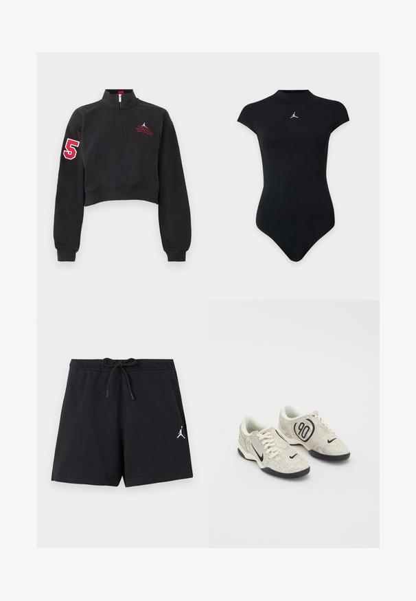 Sweat-shirt court noir avec une demi-fermeture éclair, numéro rouge "5" sur la manche droite et texte rouge brodé sur la poitrine gauche.; Body noir cintré à manches courtes avec un col montant et un petit logo Jumpman blanc sur la poitrine.; Shorts de sport noirs avec taille à cordon de serrage et petit logo Jumpman blanc sur la jambe gauche.; Baskets Nike avec une tige texturée beige et grise, des accents noirs, un grand logo "90" et un laçage blanc. Semelle noire.