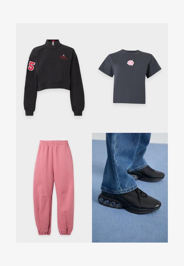 Schwarzes kurz geschnittenes Sweatshirt mit halbem Reißverschluss, rote Zahl "5" am rechten Ärmel und roter bestickter Schriftzug auf der linken Brust.; Dunkelgraues kurzärmeliges Cropped-T-Shirt mit kleinem rundem pink-weißem Logo mit einer Silhouette einer sich bewegenden Person auf der Brust.; Rosa Jogginghosen mit elastischem Bund und Bündchen und legerer Passform, dargestellt auf weißem Hintergrund.; Schwarze sportschuhe mit atmungsaktivem Mesh-Obermaterial, strukturierten Akzenten und sichtbaren Luftpolstern in der Sohle. Getragen mit blauen Jeans.