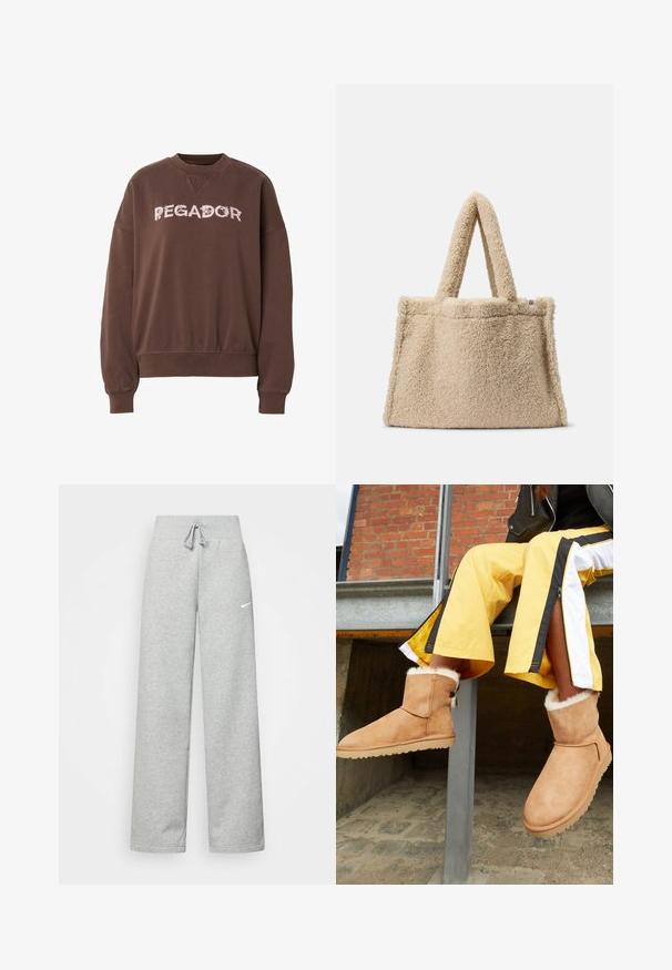 Sweat-shirt marron à col rond avec poignets et ourlet côtelés, arborant le texte blanc usé "PEGADOR" sur la poitrine.; Pantalon de survêtement gris avec une taille élastique, un détail de cordon de serrage et un petit logo Nike blanc sur la cuisse gauche. Tissu doux, coupe ample.; Bottines en suede marron clair avec doublure intérieure duveteuse et semelles en caoutchouc plates, exposées à côté d'un pantalon de sport jaune avec des rayures noires et blanches.; Sac fourre-tout en tissu teddy beige avec deux courtes poignées, texture pelucheuse et forme structurée. Pas de matériel visible ni de détails supplémentaires.