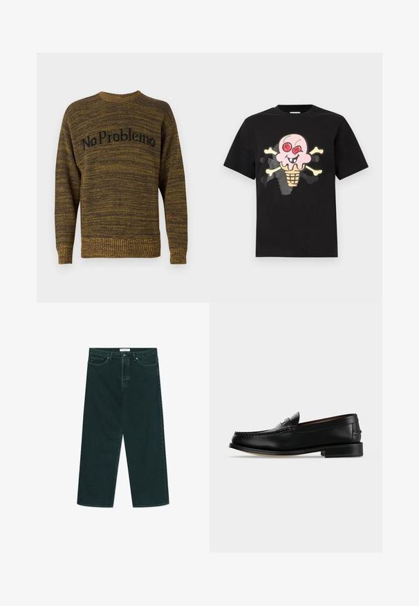 Brun og gul mønstret strikket sweater med rund hals og ribbede manchetter, med teksten "NoProblemo" i sort på forsiden.; Sort bomuld T-shirt med et motiv af en smilende isvaffel med kranier, røde kirsebær og et lyserødt hoved på forsiden.; Mørkegrønne vidde denimjeans med knap- og lynlås lukning, forlommer og bæltestropper, liggende fladt på en hvid baggrund.; Sort læder herre loafer med lav hæl og mokkasinsyning på tåen, vist fra siden på en ensfarvet baggrund.