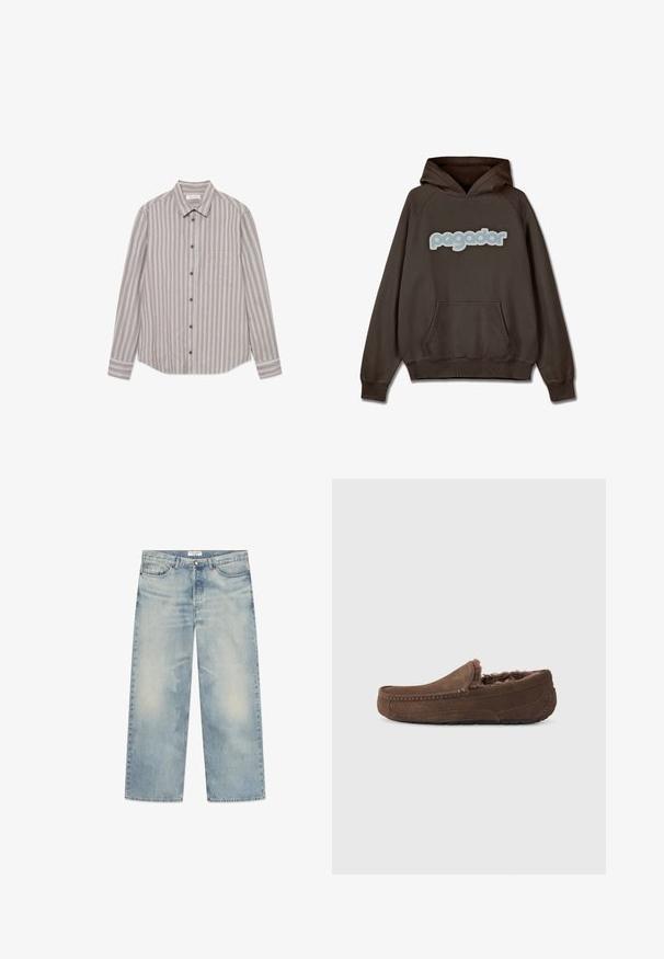 Brauner Hoodie mit großem, hellblauen "pegador"-Logo auf der Vorderseite. Verfügt über eine Kängurutasche, eine Kapuze mit Zugband und gerippte Bündchen.; Gestreiftes Langarmshirt in Beige- und Grautönen, aus einem Textilgewebe gefertigt. Mit klassischem Kragen, Knopfleiste und einer Brusttasche.; Hellblaue Jeans mit weitem Bein aus Denim, mit ausgewaschenen Partien, Fünf-Taschen-Design und Knopfleiste. Das obere Etikett zeigt den Markennamen.; Braune Wildlederschuhe mit einem weichen, flauschigen Innenfutter, niedrigem Profil und Steppnähten entlang der Kanten. Keine sichtbaren Marken oder Akzente.