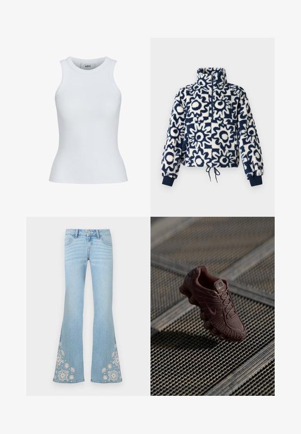 Fleece-Pullover mit navy- und weißen abstrakten Blumenmuster, halber Reißverschluss vorne, hoher Kragen, elastische Bündchen und Kordelzug-Bund.; Weißes, geripptes Tanktop mit runder Ausschnittform und ärmellosem Design. Hat eine Slim-Fit-Passform und eine weiche Textur, ideal zum Lagenlook.; Hellblaue Schlagjeans mit hoher Taille und weißer Blumenstickerei nahe dem Saum an beiden Beinen.; Brauner Nike Sneaker mit strukturiertem Mesh-Obermaterial, markanter gebogener Sohle und gepolstertem Kragen, vor einem gemusterten Hintergrund präsentiert.