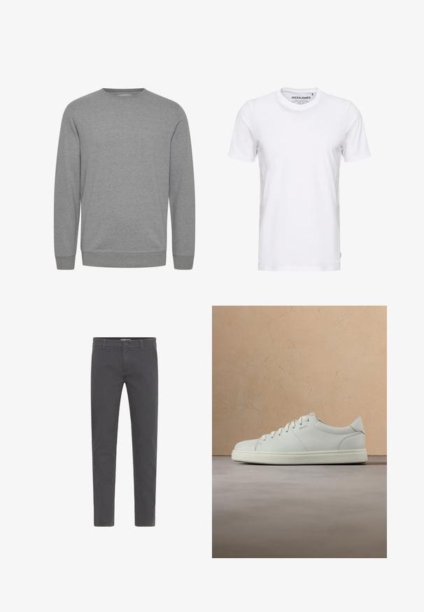 Sudadera gris de manga larga con cuello redondo, puños acanalados y dobladillo. Fabricada con un tejido suave y texturizado, presenta un diseño sencillo sin estampados.; Camiseta de manga corta blanca, hecha de algodón, con cuello redondo y un diseño sencillo. Etiqueta de la marca visible en la zona del cuello. Sin patrones ni detalles.; Pantalones grises de corte ajustado, elaborados en suave algodón. Presentan un cierre con botón, presillas para cinturón y un diseño limpio y aerodinámico. Sin patrones visibles.; Zapatilla deportiva de cuero blanco con textura suave, puntera redonda y cordones planos. Presenta un logo sutil y una suela ligera.