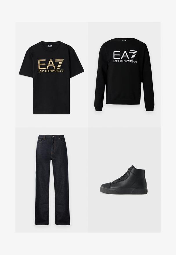 Čierna mikina z bavlneného zmesi s bielym grafickým logom "EA7 Emporio Armani" na prednej strane. Kruhový výstrih a rebrované manžety.; Čierne bavlnené tričko s krátkymi rukávmi, s potlačou zlatého loga "EA7 EMPORIO ARMANI" na prednej strane. Jednoduchý dizajn, okrúhly výstrih.; Tmavomodré džinsy s rovnými nohavicami, piatimi vreckami a oranžovým prešívaním. Krotenie na kovový gombík a zips.; Čierne kožené vysoké tenisky s textúrovaným povrchom, zaoblenou špičkou, plochou gumenou podrážkou a šnúrkovým zapínaním, charakterizované minimalistickým designom.