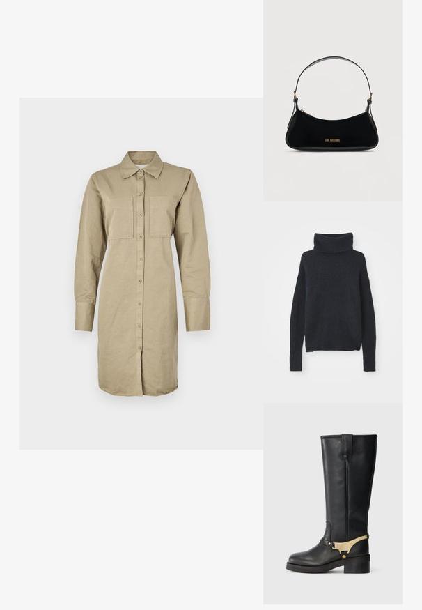 Mørkeblå turtleneck sweater lavet af blødt, tekstureret stof. Har lange ærmer, en løs pasform og ribbet detaljer ved kraven og manchetterne.; Khaki langærmet skjortekjole lavet af bomuld, med knaplukning foran, to brystlommer og en buet kant.; Sorte knæ-høje støvler lavet af læder, med en guldmetallisk accentstropp, kraftig hæl og flad sål, samt en forstærket bagløj.; Sort skuldertaske i laklæder med buet form, guld "LOVE MOSCHINO" logo på forsiden og justerbar rem med gulddetaljer.