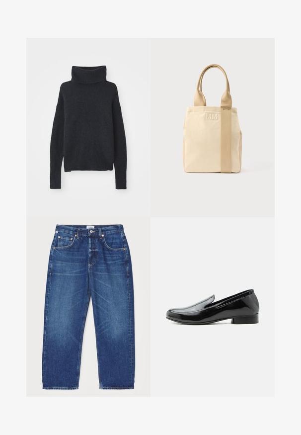 Mørkeblå turtleneck sweater lavet af blødt, tekstureret stof. Har lange ærmer, en løs pasform og ribbet detaljer ved kraven og manchetterne.; Citizens of Humanity DAHLIA IN CLAREMONT - Jeans Relaxed Fit - dark-blue denim; Sort laklæder loafer med lav hæl og rundet tå, vist på en neutral baggrund.; Beige lærredstaske med matchende læderhåndtag og vertikal rem, præget med "MM" på forsiden.