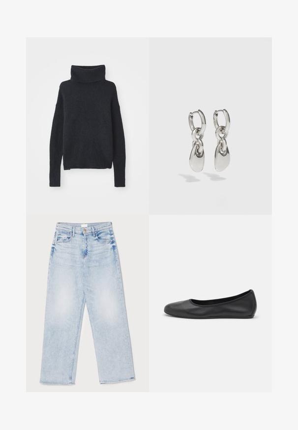 Mørkeblå turtleneck sweater lavet af blødt, tekstureret stof. Har lange ærmer, en løs pasform og ribbet detaljer ved kraven og manchetterne.; Lysblå, højtaljede denim jeans med vidde i benene, der har fem lommer, en frontlukning med knap og en let falmet tekstur.; Sort læderballetsko med rund tå, glat tekstur, minimal syning og et fleksibelt såldesign.; Sølvøreringe med forlængede ovale led, der har en poleret overflade og en struktureret dråpevedhæng. Enkel design med glatte kanter.