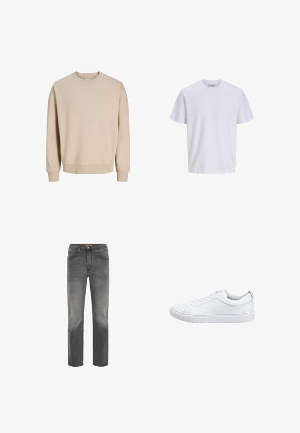 Beigefarbenes Sweatshirt mit Rundhalsausschnitt, langen Ärmeln, gerippten Bündchen und Saum, flach auf weißem Hintergrund dargestellt.; Schlichtes weißes T-Shirt mit kurzen Ärmeln und Rundhalsausschnitt, geradem Saum, auf weißem Hintergrund dargestellt.; Graue Denim-Jeans mit geradem Schnitt, fünf Taschen-Design und einem dezenten, verblassten Finish. Verfügt über einen Knopf- und Reißverschluss.; Weiße Leder-Sneaker mit glatter Textur, abgerundeter Zehenpartie, flacher Gummi-Sohle und diskretem Logo an der Seite. Die Schnürsenkel verlaufen durch sechs Ösen.