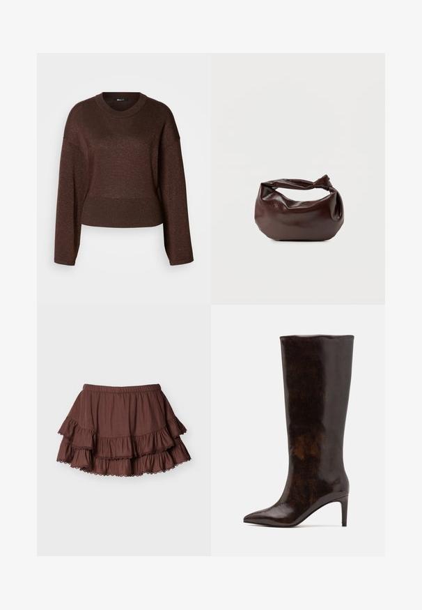 Pull court marron avec manches longues, encolure ronde et texture pailletée. Présente des poignets et une taille côtelés pour un look ajusté.; Mini-jupe marron à volants superposés avec une ceinture élastique et des volants bordés de dentelle sur un fond clair uni.; Call it Spring RHODDE - Bottes - medium brown; Sac bandoulière en cuir marron foncé avec une forme souple et décontractée et une anse nouée torsadée sur un fond blanc uni.