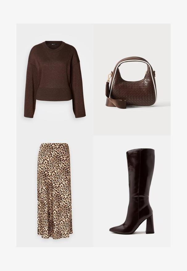 Bruin cropped sweater met lange mouwen, ronde halslijn en een glinsterende textuur. Bevat geribbelde manchetten en een tailleband voor een strakke pasvorm.; Lange rok met luipaardenprint, gemaakt van gladde stof. Tan basis met zwarte en bruine vlekken. Uitlopende ontwerp met een rechte zoom.; Hoge donkerbruine leren laars met spitse neus en blokhak op een effen lichte achtergrond.; Bruine geweven leren handtas met witte bies, gouden ritssluiting en afneembare bruine stoffen schouderriem.