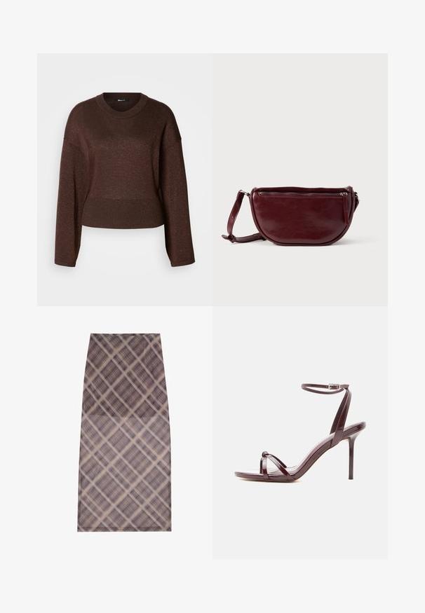 Brun cropped genser med lange ermer, rund hals og glitrende tekstur. Har ribbestrikkede mansjetter og midje for en tettsittende look.; Et knelangt skjørt laget av et gjennomsiktig, lett stoff med rutemønster i nyanser av brunt og krem, glattes overflate og rene kanter.; Høye hæler sandaler av burgunder lakkskinn med tynne ankelstropper og kryssede tåstropper på hvit bakgrunn.; Mørkerød lærveske med halvmåneform, glidelåslukking og avtakbar rem. Jevn tekstur med en subtil glans.