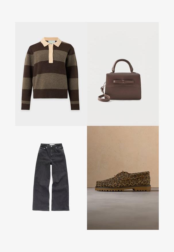 Pull en maille à manches longues avec larges rayures horizontales marron et olive, col beige et trois boutons beiges sur la patte de devant.; Jeans larges noirs en denim ; comportant cinq poches, une taille haute et un léger effet de décoloration à l'avant.; Mocassins à imprimé léopard marron et noir, semelle épaisse en caoutchouc beige, et lacets marron, posés sur un tapis beige devant un canapé beige.; Petit sac à main en cuir marron avec poignée supérieure, bandoulière amovible et rabat avant accentué par une bande horizontale en cuir.
