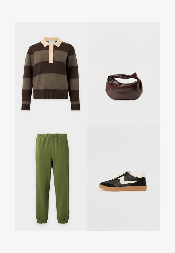 Pull en maille à manches longues avec larges rayures horizontales marron et olive, col beige et trois boutons beiges sur la patte de devant.; Pantalons de survêtement verts en tissu doux. Taille élastique et poignets. Design à jambe droite sans motifs ni matériel visible.; Baskets en daim et cuir noir avec un swoosh latéral crème et un talon crème clair. Dotées de lacets beige et d'une semelle en caoutchouc gomme.; Sac bandoulière en cuir marron foncé avec une forme souple et décontractée et une anse nouée torsadée sur un fond blanc uni.