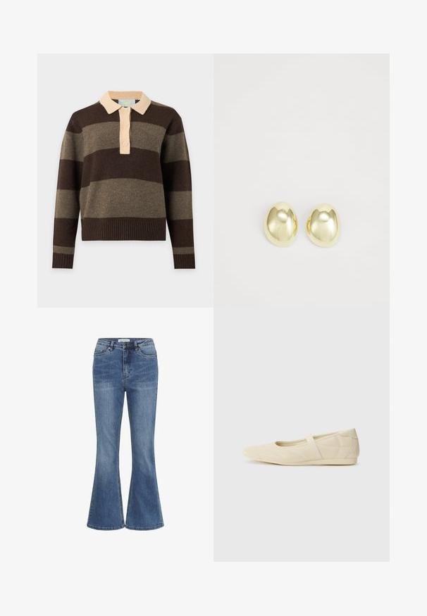 Striktrøje med lange ærmer med brede, vandrette brune og olivengrønne striber, beige krave og tre beige knapper på forstykke.; Blå denim jeans med høj talje, frontlukning med knap og lynlås, og let udvidede ben.; Lysebrune ballet flats med en glat læderoverflade, mandelformet tå og elastisk rem over vristen, med diskrete syninger.; Guldtonede metalstudøreringe med en glat, rund form og poleret overflade. Simpelt design uden yderligere dekorationer.