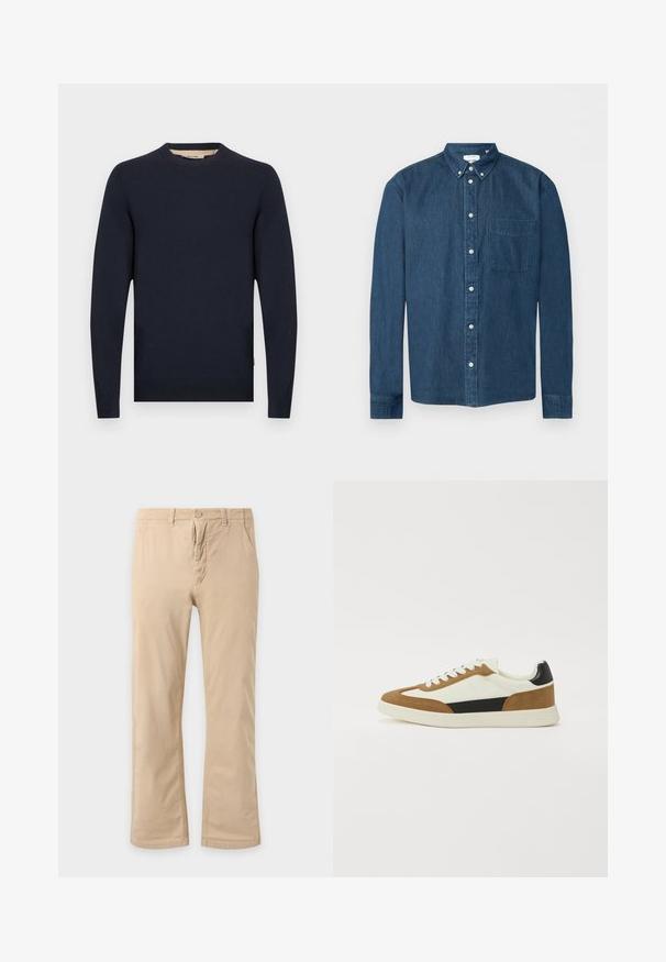 Pull bleu marine avec un col rond, des manches longues, et des poignets ainsi qu'un bas côtelés. Confectionné dans un tissu lisse avec une coupe décontractée.; Chemise en denim bleu foncé boutonnée, manches longues, une poche avant à gauche et un col boutonné, présentée sur fond blanc.; Pantalon beige à jambes droites avec fermeture bouton et fermeture éclair, poches avant et passants pour ceinture sur fond clair.; Baskets présentant un mélange de matériaux blancs, bruns et noirs, avec un design en daim et cuir, une forme à bout rond et une semelle plate en caoutchouc.
