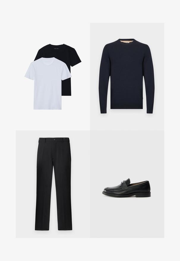 Marineblå sweater med rund halsudskæring, lange ærmer og ribbede manchetter og kant. Fremstillet af et glat stof med en afslappet pasform.; To kortærmede t-shirts med rund hals, en sort og en hvid, lavet af blødt bomuldsstof med ribbet struktur. Klassisk pasform design.; Sorte bukser med lige ben, knaplukning og bæltestropper, med en glat tekstur og uden synlige mønstre eller detaljer.; Sorte læder loafers med en glat finish, der har et tekstureret øverste bånd, lav hæl og minimale syninger.