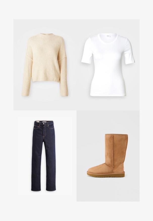 Cremefarvet strikket sweater med ribbede manchetter og nederdel, der har et let cropped design og en afslappet pasform. Blød tekstur, ingen mønstre.; Hvid T-shirt med korte ærmer lavet af glat bomuld, med rund halsudskæring og en tætsiddende pasform. Klassisk design uden mønstre eller detaljer.; Mørkeblå straight-leg denim jeans med fem lommer og synlig orange syning på hvid baggrund.; Lysebrun ruskindsstøvle med mellemhøj skaft, tyk sål og synlige syninger, vist fra ydersiden mod en ensfarvet baggrund.