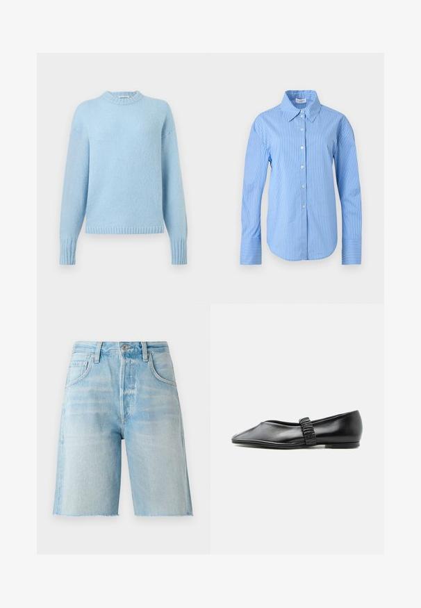 Suéter de punto azul claro con mangas largas, puños acanalados, dobladillo y cuello redondo sobre un fondo liso.; Camisa de manga larga con rayas verticales azules y blancas, botones en la parte frontal, cuello puntiagudo y puños anchos.; Shorts de mezclilla de color azul claro con una cintura alta, cinco bolsillos y un dobladillo sin rematar. Textura suave y corte clásico, adecuados para un uso casual.; Zapato plano de cuero negro con una correa fruncida en la parte superior y una punta ligeramente afilada, mostrado sobre un fondo liso.