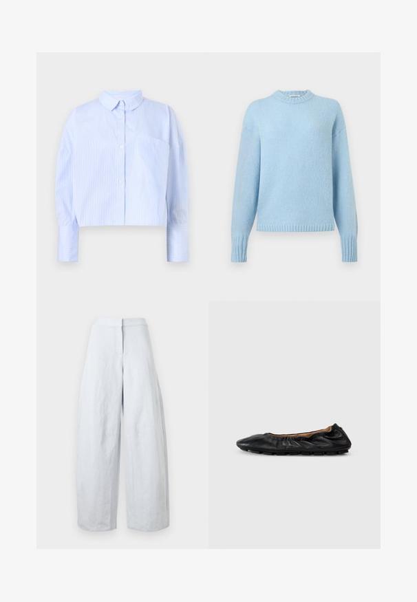 Lyseblå strikket sweater med lange ærmer, ribbede manchetter, kant og rund halsudskæring på en ensfarvet baggrund.; Afskåret knap-up skjorte i lyseblå med hvide lodrette striber, med spredt krave og en brystlomme. Blød tekstur.; Hvidt, højtaljet hørbukser med vide ben, lukkes foran med knapper og lynlås, vist mod en ensfarvet baggrund.; Sort læder balletflade med samlet detaljering ved kraven, rund tå og fleksibel gummisål. Glat tekstur hele vejen igennem.