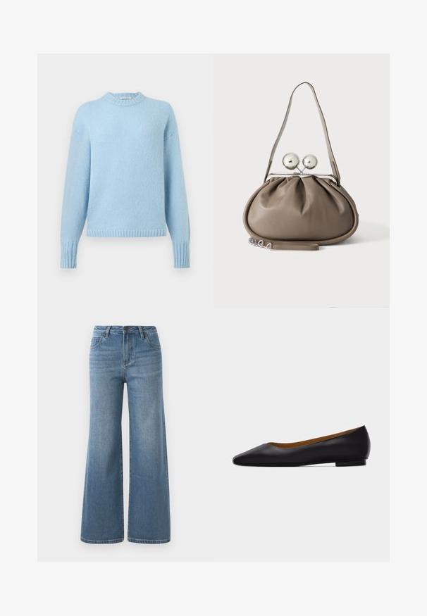 Lyseblå strikket sweater med lange ærmer, ribbede manchetter, kant og rund halsudskæring på en ensfarvet baggrund.; Lysblå brede denim jeans med høj talje, knap- og lynlåslukning samt forlommer.; Sort læder flad sko med spids tå, lav hæl og glat finish, vist fra siden på en lysegrå baggrund.; Grå læderhåndtaske med rundet form, toplås med to store sølvkugler og en enkelt strop.