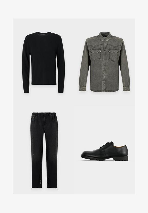 Sort bomulds sweater med lange ærmer, ribbet tekstur, rund hals og tætsiddende ærmer. Enkel design uden mønstre eller detaljer.; Langærmet sort vasket denimskjorte med knapper foran og klaplommer på brystet, vist mod en hvid baggrund.; Sorte jeans lavet af denim med elastisk talje, lige snit, slidte detaljer og flossede kant. Har lommer og knaplukning.; Sort lædersko med snørebånd, tyk rillede sål og lav hæl vist på en hvid baggrund.
