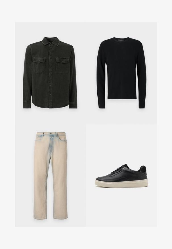 Sort bomulds sweater med lange ærmer, ribbet tekstur, rund hals og tætsiddende ærmer. Enkel design uden mønstre eller detaljer.; Mørkegrøn skjorte med knapper lavet af blødt stof, med krave, to brystlommer, lange ærmer og lige kant.; Lyse beige denim jeans med lige ben design, falmede blå detaljer, fem lommer og en knaplukning i taljen.; Sort lædersneaker med lav profil, der har en cremefarvet gummisål, rund tå og snøre-design, akkompagneret af en hæl i sort ruskind.