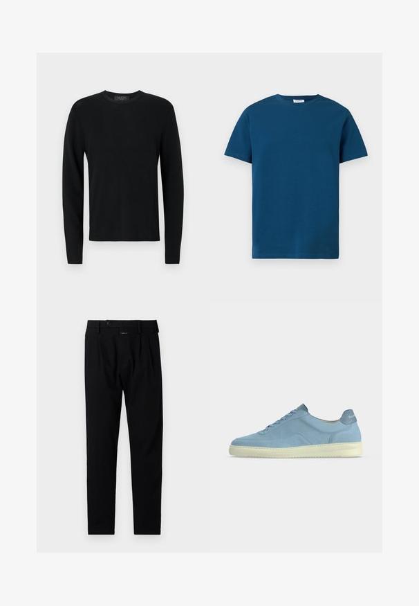 Sort bomulds sweater med lange ærmer, ribbet tekstur, rund hals og tætsiddende ærmer. Enkel design uden mønstre eller detaljer.; Mørkeblå t-shirt med rund hals i blød bomuld, med korte ærmer og en enkel, glat tekstur samt en lige pasform.; Sorte bukser med en skrædderfitting, der har glat front, enkelte plisseringer og en knaplukning. Lavet af glat stof, velegnet til formelt tøj.; Lyseblå ruskind lavtop sneaker med cremefarvet sål, matchende blå snørebånd og mærket bagtunge på en ensartet lys baggrund.