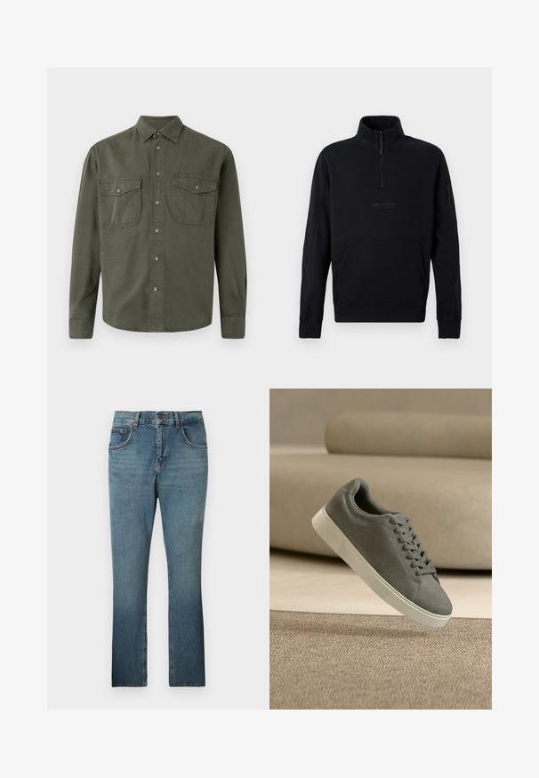 Zwarte quarter-zip pullover trui met hoge kraag, lange mouwen, een zak vooraan en een met rits afsluitbare zak aan de linkermouw.; Khaki langekootshirt van katoen. Heeft een knoopsluiting aan de voorkant, twee borstzakken met kleppen en een klassieke kraag. Eenvoudig ontwerp.; Blauwe straight-leg spijkerbroek met knopen aan de voorkant, ritssluiting, lussen voor een riem en vijf zakken, weergegeven op een effen achtergrond.; Grijze suède sneaker met witte zool en veters zwevend boven een getextureerd beige tapijt in een neutraal getinte kamer.