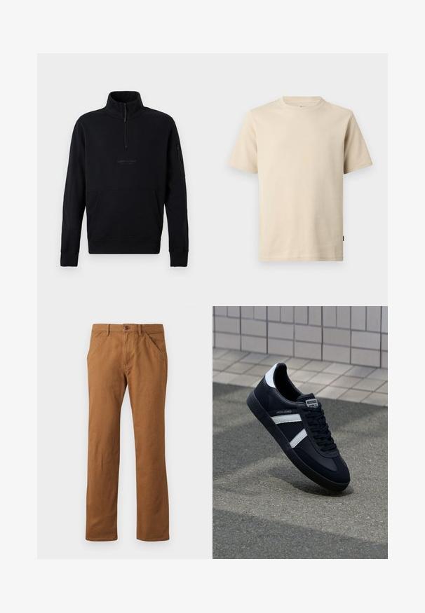 Sudadera negra con cremallera hasta el pecho, cuello alto, mangas largas, bolsillo frontal tipo canguro y bolsillo con cremallera en el brazo izquierdo.; Camiseta de algodón beige de manga corta con cuello redondo, costuras mínimas y un pequeño logo tonal en el pecho izquierdo.; Pantalones de algodón marrones con corte recto, con cierre de botón, bolsillos laterales y una textura suave. Apto para uso casual.; Zapatilla de cuero negra con rayas blancas, suela de goma texturizada y parte frontal con cordones. Cuenta con una etiqueta de marca en la lengüeta.