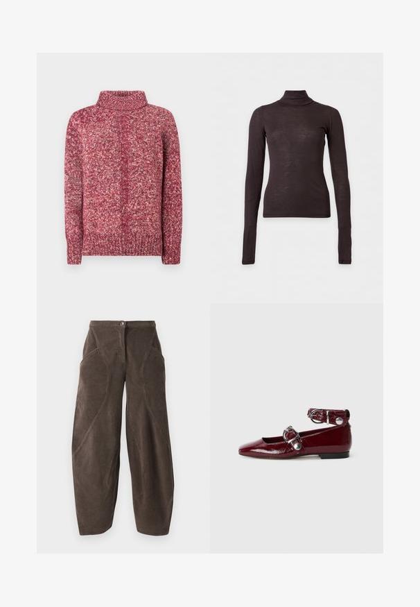 Strikket rullekrave sweater i nuancer af rosa og bordeaux. Har et tekstureret mønster samt ribbet kant og ærmekanter. Blødt, mellemvægt stof.; Mørkebrun langærmet rullekravetrøje med slank pasform og letvægtsstof på en ensfarvet lys baggrund.; Brune bredbenede fløjlsbukser med høj talje, frontknaplukning og skrå sømdetaljer på benene.; Bordeaux patentlæder flade sko med spids tå, en ankelrem med en sølvspænde og en lav hæl. Glat tekstur overalt.