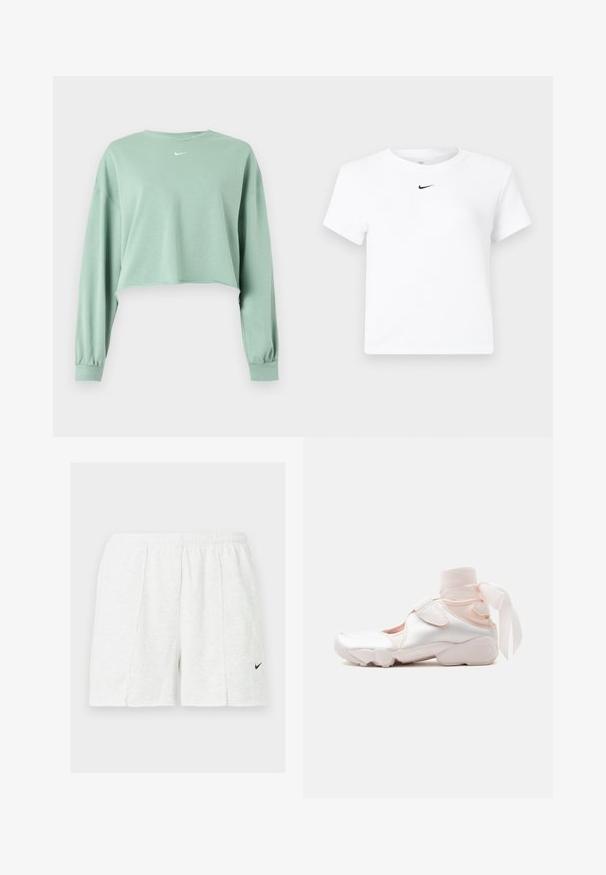 Lysegrøn cropped langærmet sweatshirt med elastiske manchetter og lille hvidt Nike-logo centreret under halsudskæringen.; Hvid Nike cropped T-shirt med korte ærmer og en lille sort Nike swoosh-logo centreret under nakkekanten.; Hvide atletikshorts med elastisk taljebånd og sort Nike-swoosh-logo på venstre ben, vist på ensfarvet baggrund.; Hvid og lyserød sneaker med blødt stofankelomslag bundet i en sløjfe, med justerbar rem og rundet sål.