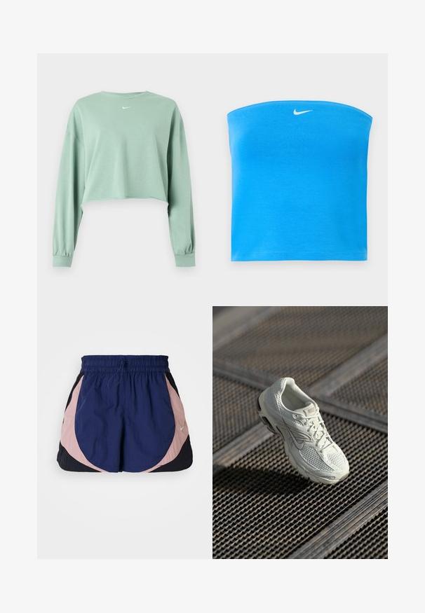 Svetlo zelená cropovaná mikina s dlhým rukávom, elastickými manžetami a malým bielym logom Nike umiestneným pod výstrihom v strede.; Svetlomodrý bezramienkový tube top značky Nike s bielym logom Swoosh umiestneným v strede blízko horného okraja.; Športové šortky Nike s elastickým pásom, s námorníckymi, ružovými a čiernymi panelmi. Vyrobené z ľahkej, textúrovanej látky.; Biele bežecké tenisky Nike s vrchom z mesh a syntetického materiálu ležiace na kovovej mriežke na podlahe v mäkkom prirodzenom svetle.