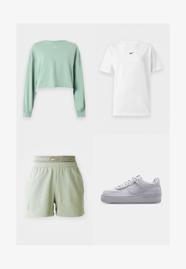 Svetlo zelená cropovaná mikina s dlhým rukávom, elastickými manžetami a malým bielym logom Nike umiestneným pod výstrihom v strede.; Biele tričko s krátkym rukávom a okrúhlym výstrihom s malým čiernym logom Nike Swoosh umiestneným v strede blízko goliera.; Svetlozelené bavlnené šortky s elastickým pásom a bielym logom Nike a textom "sportswear". Mäkká textúra, voľný strih a jednoduchý dizajn.; Šedé tenisky Nike Air Force 1 s perforovanou špičkou, hladkým koženým zvrškom, hrubou podrážkou a embosovaným detailom 'AIR' na päte.