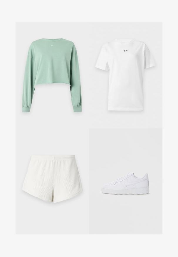 Sweat-shirt court à manches longues vert clair avec poignets élastiques et petit logo Nike blanc centré sous l'encolure.; T-shirt blanc manches courtes à col rond avec un petit logo noir Nike Swoosh centré près du col.; Shorts en tissu côtelé blanc avec une taille élastique, présentant une coupe décontractée et un ourlet incurvé. Détail de couture arrière visible.; Baskets blanches Nike Air Force 1 avec tige en cuir, bout rond, fermeture à lacets, col rembourré et semelle en caoutchouc texturé.