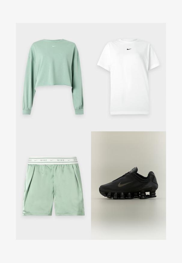 Sweat-shirt court à manches longues vert clair avec poignets élastiques et petit logo Nike blanc centré sous l'encolure.; T-shirt blanc à manches courtes avec col ras du cou, portant un petit logo Nike en forme de swoosh noir centré sous le col.; Short de sport Nike vert clair avec une ceinture élastique blanche affichant des logos Nike répétés et des poches latérales.; Baskets Nike noires avec tige zippée et semelle segmentée distinctive en forme de ressort, présentées de profil sur un fond neutre.