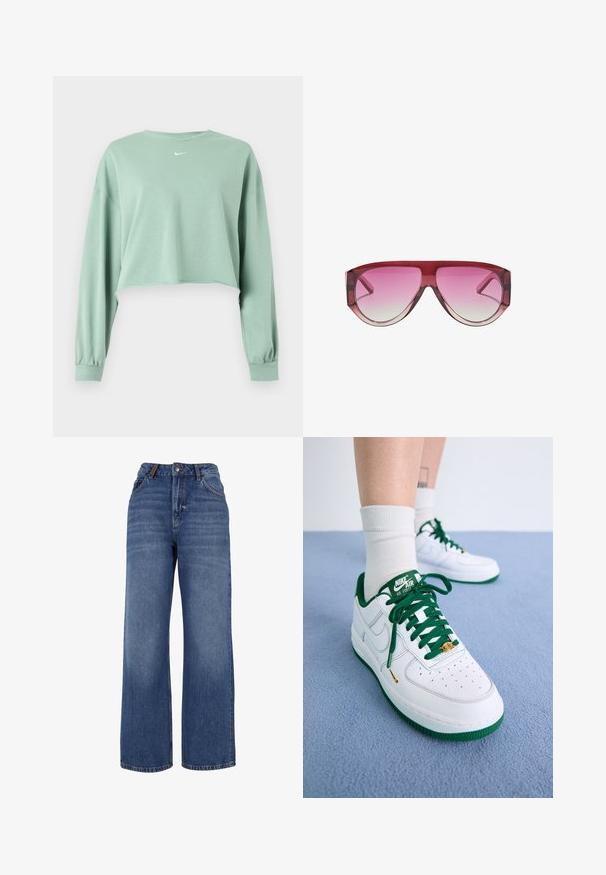 Lysegrøn cropped langærmet sweatshirt med elastiske manchetter og lille hvidt Nike-logo centreret under halsudskæringen.; Breddebenet denim jeans lavet af medium-vægt blå bomuldsstof. Har klassisk fem-lomme design og en lynlås med knaplukning.; Hvide læder Nike Air Force 1 sko med grønne detaljer, snøre og sål; med perforeret tå og guld detaljer på snøreområdet.; Store røde solbriller med gradient fra pink til klare linser, pilotform og tykke arme.