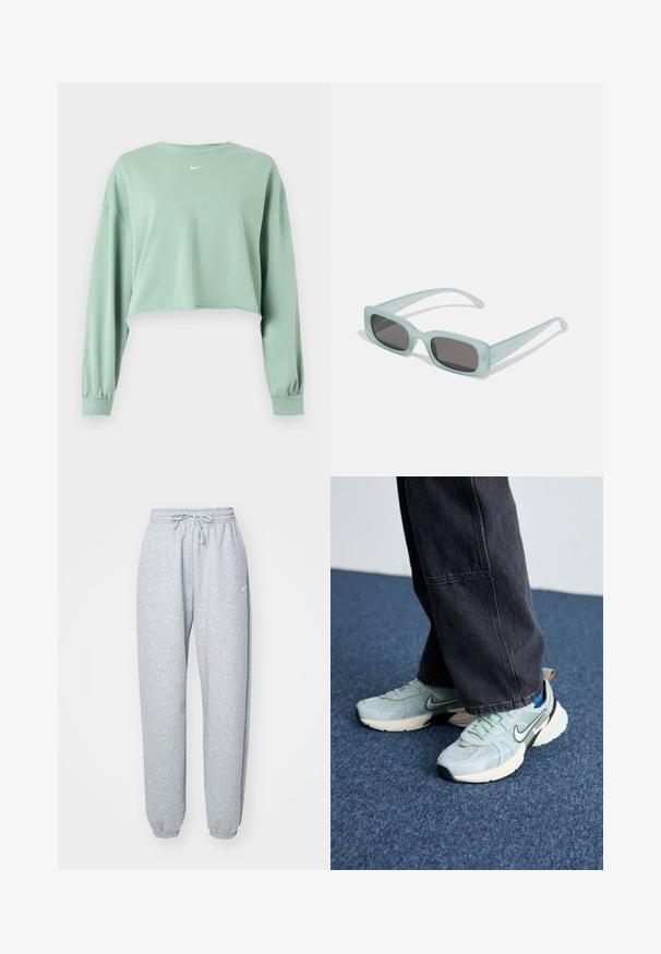 Lysegrøn cropped langærmet sweatshirt med elastiske manchetter og lille hvidt Nike-logo centreret under halsudskæringen.; Lysgrå sweatpants lavet af blød bomuldsblanding, med elastisk talje og snoretræk, tapered ben og ribbede manchetter. Minimal brandingdetalje.; Lyseblå mesh Nike sneakers med struktureret finish, sort swoosh og cremefarvet mellemsål, parret med mørkegrå vide bukser.; Et par rektangulære solbriller med lyseblå gennemsigtige stel og mørkegrå linser, der har lige templer og minimale hardware detaljer.