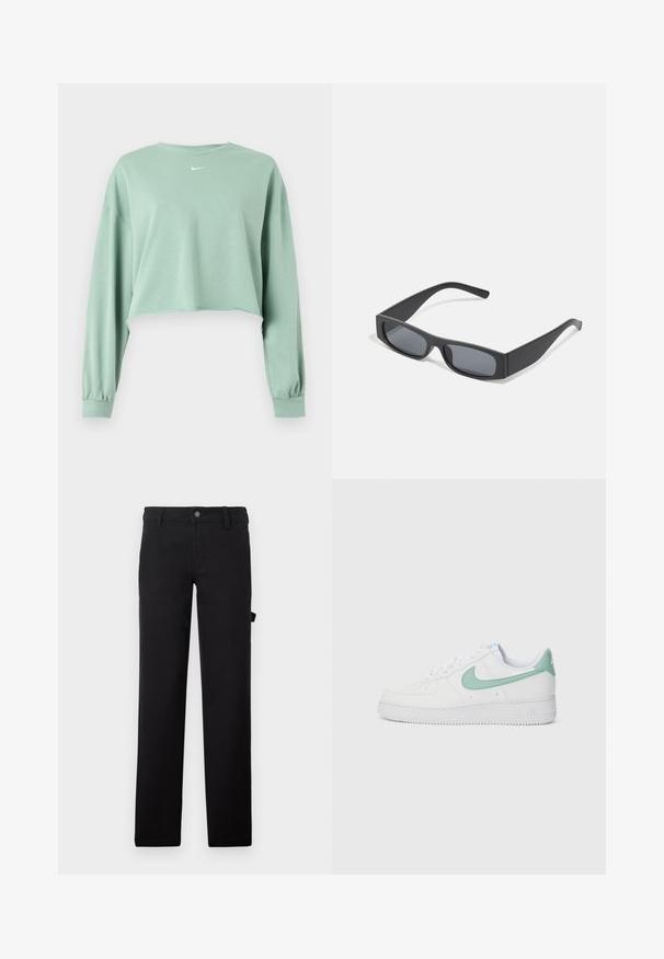 Vaaleanvihreä lyhyt pitkähihainen collegepaita, jonka hihansuissa on joustavat kuminauhat ja pieni valkoinen Nike-logo kauluksen alla keskellä.; Mustat housut, jotka on valmistettu sileästä kankaasta, suorat lahkeet, nappikiinnitys ja sivutasku.; Valkoiset nahkakengät, joissa on mintunvihreä Nike-logon ja kantapään yksityiskohta, teksturoitu pohja ja klassinen nauhoitus.; Mustat suorakulmaiset aurinkolasit tummilla linsseillä ja paksuilla mattepinnoilla. Varsien malli on hieman kapeneva ja pinta sileä.