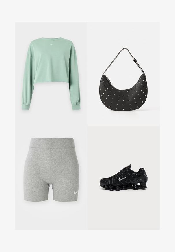 Sudadera corta de manga larga de color verde claro con puños elásticos y pequeño logo blanco de Nike centrado debajo del escote.; Shorts deportivos grises hechos de un tejido suave, con una cinturilla alta y un pequeño logo blanco de Nike en la parte inferior izquierda.; Zapatilla deportiva negra Nike con logo Swoosh plateado, parte superior de malla y material sintético, y suela acolchada segmentada distintiva.; Bolso de mano de cuero negro con forma curva, adornado con tachuelas plateadas, cuenta con cierre de cremallera y una sola correa ajustable.