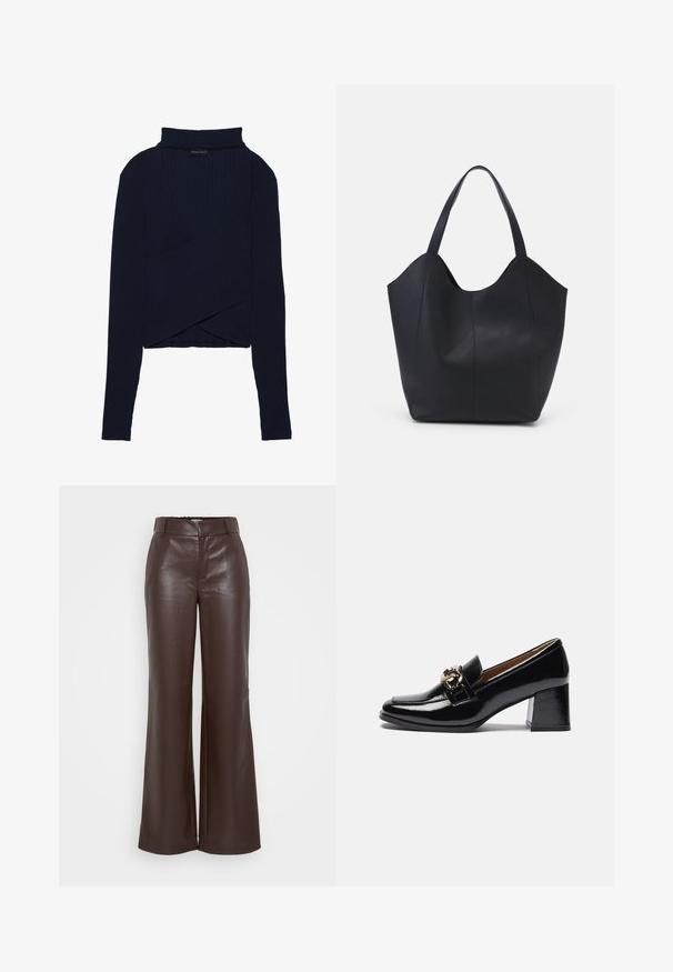 Haut enveloppant côtelé bleu marine avec un col montant, des manches longues et un décolleté en V. Présente un look superposé à l'avant et une coupe ajustée.; ONLY Tall ONLSMOOTH WIDE - Pantalon classique - seal brown; Mocassins à talons en cuir verni noir avec un bout arrondi, un talon plus épais et un accent en métal doré sur la sangle avant.; Sac fourre-tout noir en cuir lisse, doté d'un haut ouvert et courbé avec deux brides d'épaule et un design minimaliste.