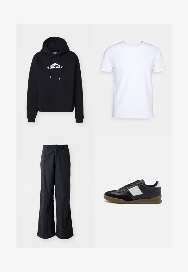 Sudadera corta negra hecha de tela suave, con capucha ajustable y un logo blanco en el pecho, con puños y dobladillo acanalados.; Camiseta blanca de manga corta en tejido de algodón con cuello redondo. Diseño simple sin patrones ni acentos. Textura suave.; Pantalones anchos, ligeros y negros con un acabado texturizado. Presentan acentos azules y toggles para un ajuste. Cierre con cremallera.; Zapatillas de cuero negro y gamuza con un panel gris, suela de goma marrón y acento azul en el talón. Cuenta con cordones y logotipo en relieve.