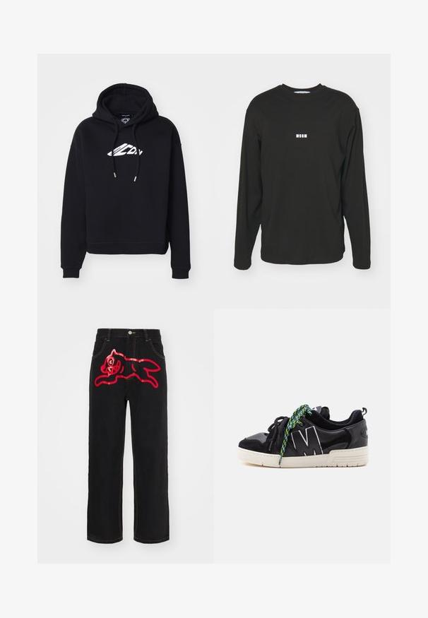 Zwarte cropped hoodie van zachte stof, met een trekkoordkap en een wit logo op de borst, en ribgebreide manchetten en onderkant.; Zwarte langmouw T-shirt van katoen, met een klein wit "MSGM" logo op de borst, ronde hals en een vrije pasvorm.; Zwarte denim spijkerbroek met een grote rode afbeelding van een springende kat op de achterzak, met contrasterende gele stiksels langs de naden.; Zwarte low-top sneaker met witte zool, grote wit omrandeerde "M" aan de zijkant, en niet-matchende zwarte en groene patroonveters.