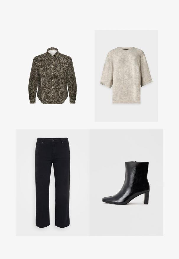 Pull en maille gris clair à manches trois-quarts et col rond sur un fond uni.; Chemise à boutons dans un motif zèbre beige et noir, avec un col structuré, des manches longues et des boutons avant bien en évidence.; Jeans en denim noir avec une coupe droite. Les caractéristiques incluent une fermeture à bouton à la taille, des passants de ceinture et des poches avant/arrière. Texture lisse.; Bottine noire en cuir brillant, avec un bout pointu et un talon carré moyen, présentant une texture lisse et un design simple.