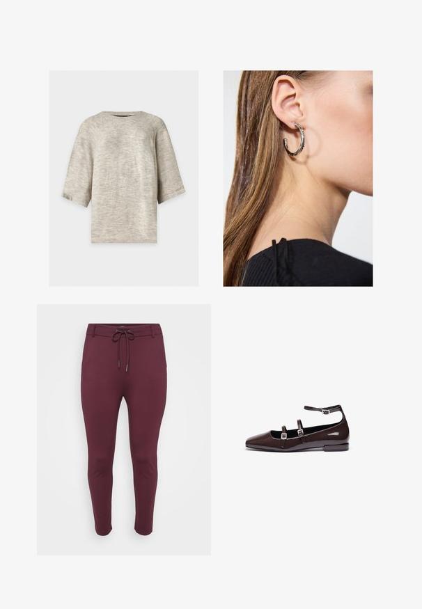 Suéter tejido gris claro con mangas tres cuartos y cuello redondo sobre un fondo liso.; Pantalones elásticos burdeos con cintura ajustable, que presentan un diseño ajustado y piernas ceñidas, exhibidos sobre un fondo blanco.; Bailarinas de charol marrón con punta afilada, que presentan dos correas ajustables y hebillas de plata, además de un tacón cuadrado bajo.; Pendiente de aro de plata con un acabado pulido, que presenta pequeños detalles en dorado y una forma redonda, llevado en el lóbulo.