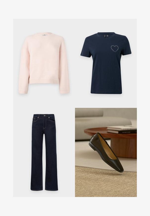 Suéter de manga larga rosa claro con cuello redondo y sutil ribete acanalado en el dobladillo y los puños, mostrado sobre un fondo liso gris claro.; Camiseta de algodón azul marino de manga corta con un diseño de corazón hecho de clavos de plata en el lado izquierdo del pecho. Cuello redondo, corte relajado.; Jeans de mezclilla azul oscuro con piernas rectas, cierre de botón, trabillas para cinturón y cinco bolsillos, exhibidos sobre un fondo blanco.; Zapato plano de cuero negro con punta cuadrada redondeada sobre una alfombra beige tejida, con mesa de café de madera y libros apilados en el fondo.