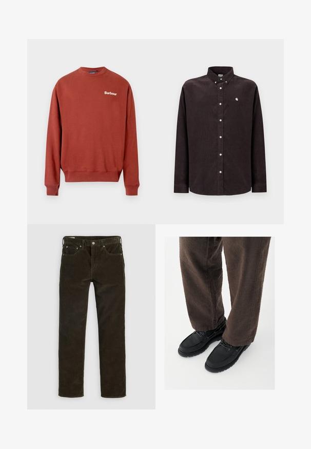 Rustieke rode sweatshirt van katoen, met een ronde hals, geribbelde manchetten en een wit "Barbour" logo op de linkerborst.; Donkerbruin corduroy overhemd met een button-down kraag, lange mouwen, witte knopen en een klein logo op de linkerborst.; Bruine corduroy broek met een recht gesneden pasvorm, vijf zakken, zichtbare stiksels en een gestructureerde stofafwerking. Metalen knoopsluiting aan de taille.; Zwarte leren schoenen met een gladde afwerking, ronde neus en vetersluiting, gecombineerd met textuurrijke bruine broek. Vanuit een laag perspectief gezien.